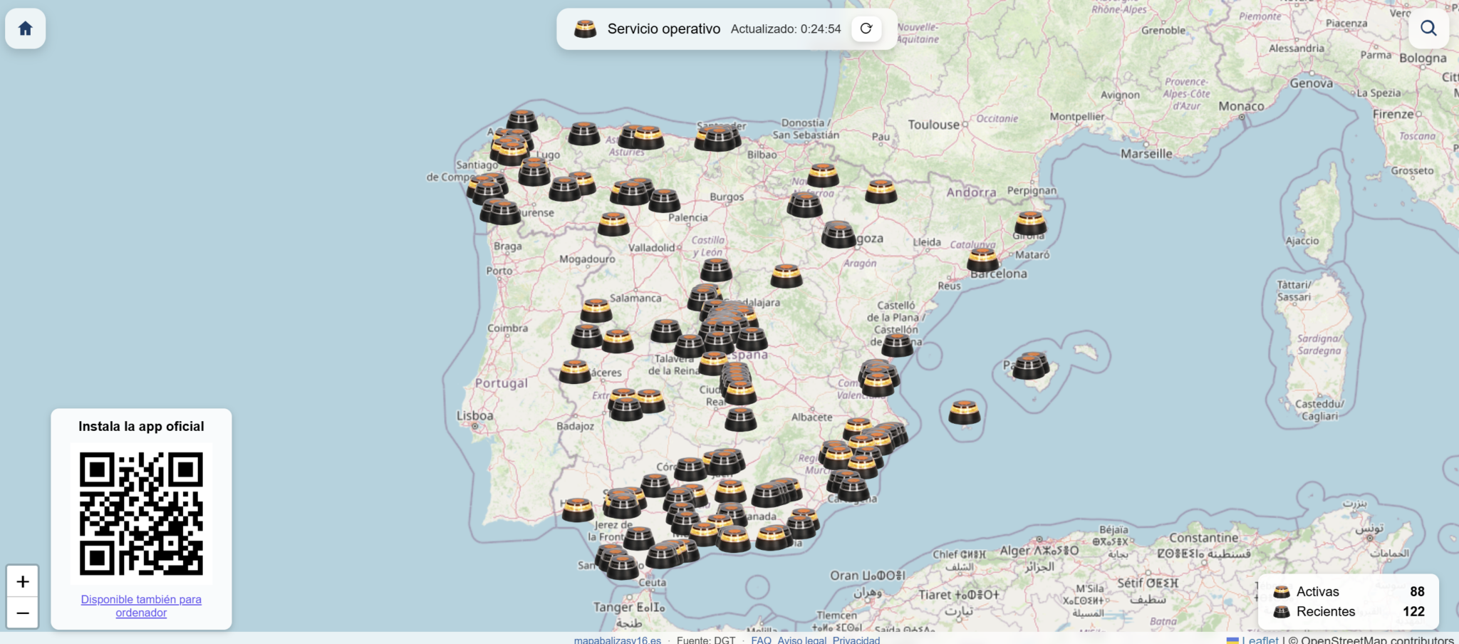 Mapa hecho con la localización de las balizas V16 activas en España